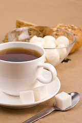 Image showing cup of tea, mozzarella and bread