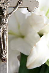 Image showing Cross and easter lilies