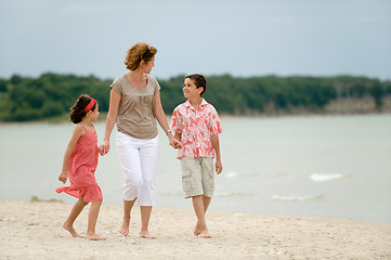 Image showing Happy mother and kids on the beach