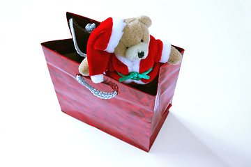 Image showing teddy sitting in the top of a bag