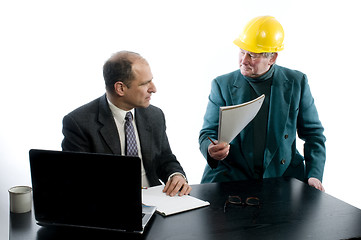 Image showing two business men construction business office agreement 