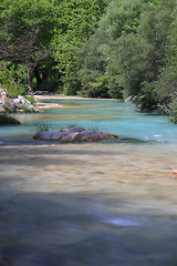 Image showing Landscape with mountains, forest and river