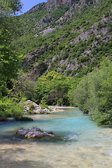 Image showing Landscape with mountains, forest and river