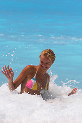 Image showing Pretty blonde woman enjoying the Ionian sea in Greece