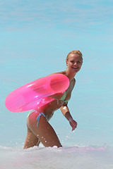 Image showing Pretty blonde woman enjoying the Ionian sea in Greece