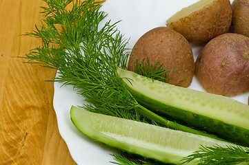 Image showing Potatoes, salt cucumber and dill still-life