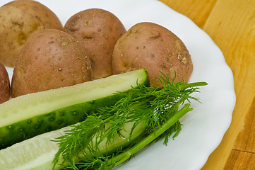 Image showing Potatoes, salt cucumber and dill still-life