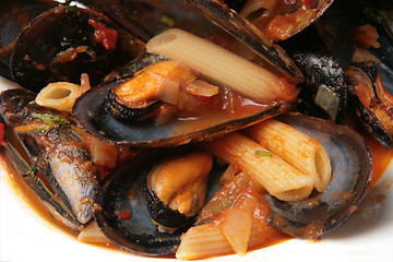 Image showing Mussel soup with pasta