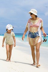 Image showing Daughter and mother walking on the beach