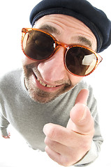 Image showing aging artist thinking distorted nose close up beret hat smiling 