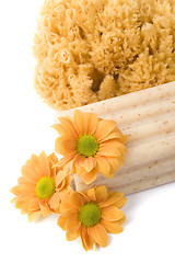 Image showing natural sponge, soap and flowers