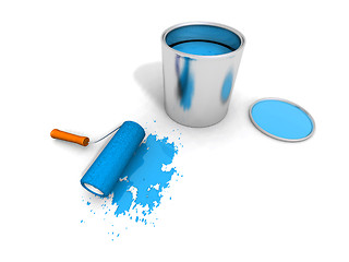 Image showing paint roller, blue paint can and splashing