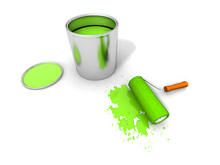Image showing paint roller, green paint can and splashing