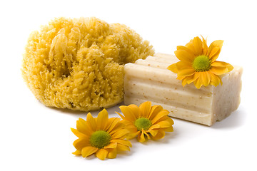 Image showing natural sponge, soap and flowers