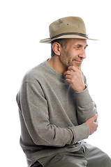 Image showing middle age man adventure hat thinking