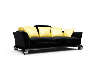 Image showing Black couch with gold pillows over white