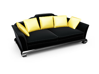 Image showing Black couch with gold pillows over white