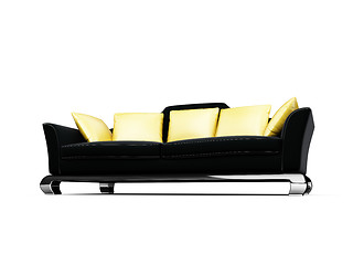 Image showing Black couch with gold pillows over white