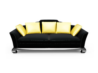 Image showing Black couch with gold pillows over white