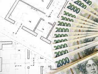 Image showing Money - Czech crowns and plans