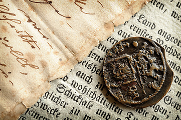 Image showing Old coin and manuscripts