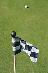 Image showing Golf Course Flag And A Golf Ball