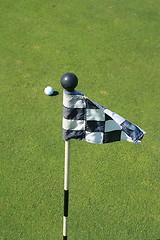 Image showing Golf Course Flag And A Golf Ball