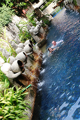 Image showing Couple swimming under Thai statues.