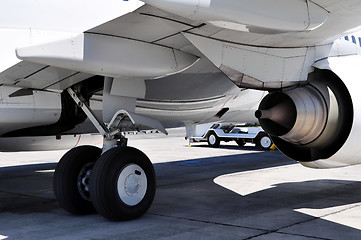 Image showing Air transportation: Jet engine and landing gear detail