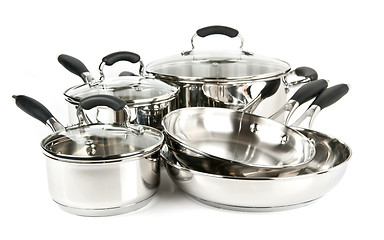 Image showing Stainless steel pots and pans