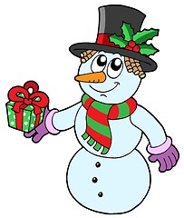 Image showing Cute snowman with gift