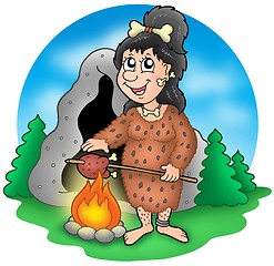 Image showing Cartoon prehistoric woman before cave