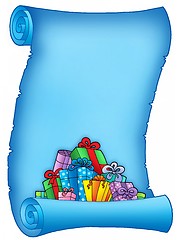 Image showing Blue parchment with pile of gifts