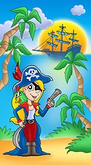 Image showing Pirate woman with parrot and boat