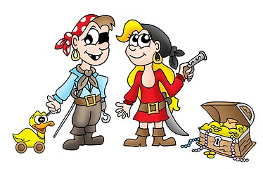 Image showing Pirate kids with duck and treasure