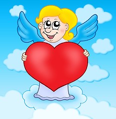 Image showing Cupid holding heart on sky