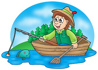 Image showing Fisherman in boat with trees