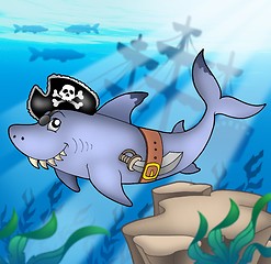 Image showing Cartoon pirate shark with shipwreck