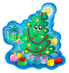 Image showing Happy Christmas tree on blue sky