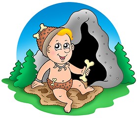 Image showing Cartoon prehistoric baby before cave
