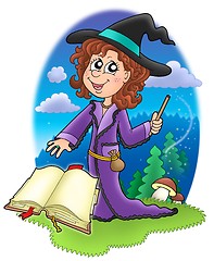Image showing Cute witch with wand and book