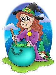 Image showing Cute witch with kettle