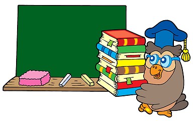 Image showing Owl teacher with books and blackboard