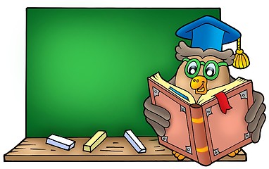 Image showing Owl teacher reading book on blackboard