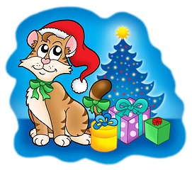 Image showing Cat with Christmas tree and gifts