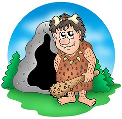Image showing Cartoon prehistoric man before cave