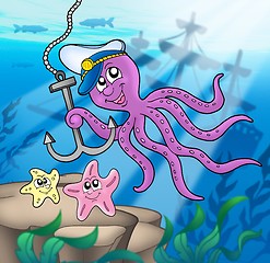 Image showing Octopus with anchor and starfishes