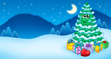 Image showing Christmas card with tree and gifts