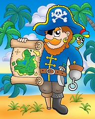 Image showing Pirate with treasure map on beach