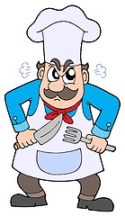 Image showing Angry chef with knife and fork
